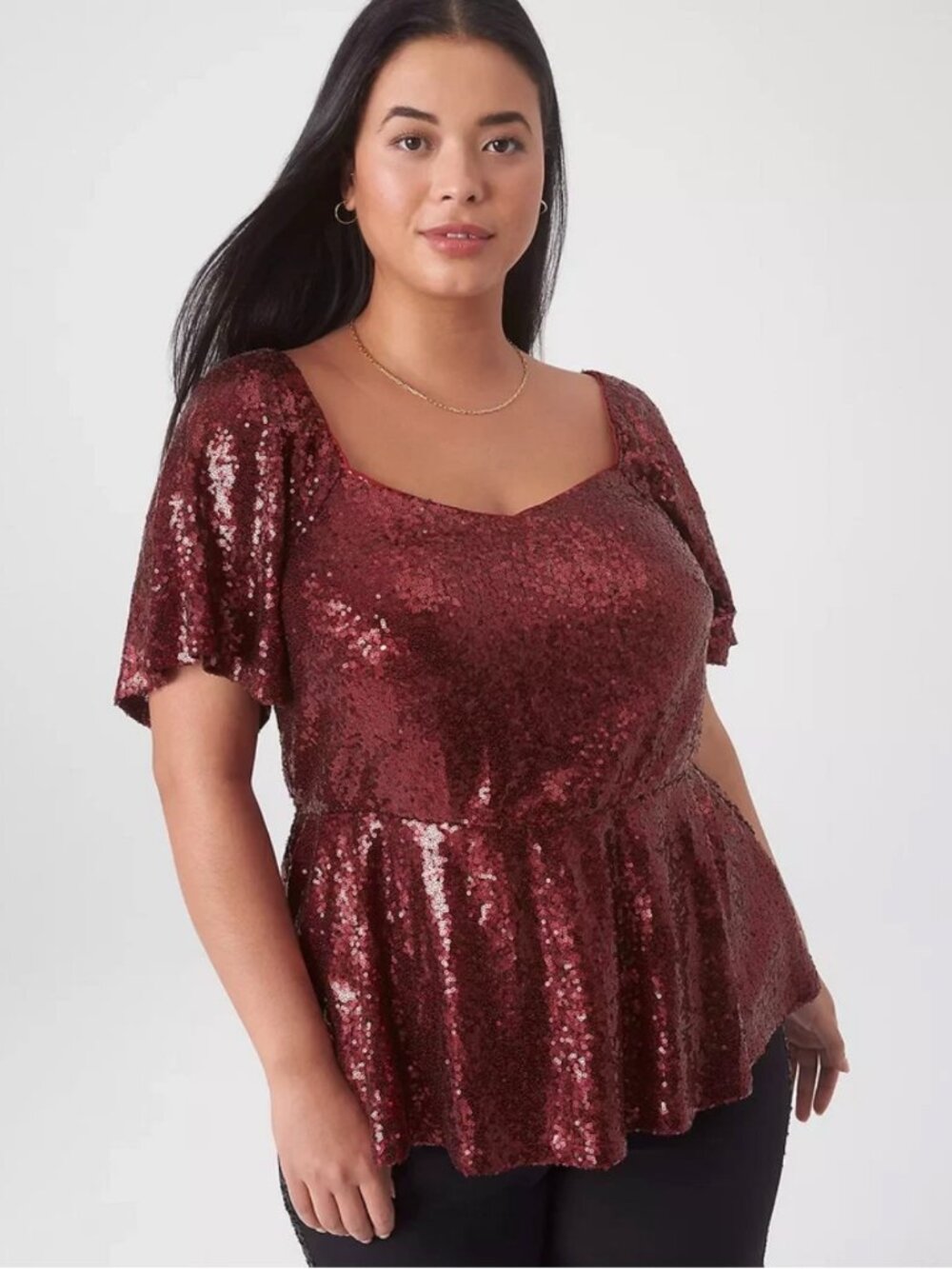 Lane Bryant Size 18 Blouse Top Peplum Red Flutter Sleeve Sequins Holiday Plus